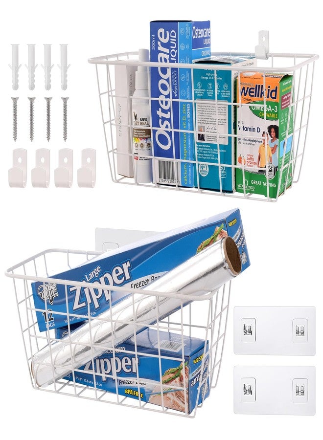 LIGHT DUST Wire Hanging Wall Basket, Baskets Set Adhesive Wall Mount Organizer for Pantry Kitchen RV Bathroom Cabinet Storage Organization (2 White) - Image 1